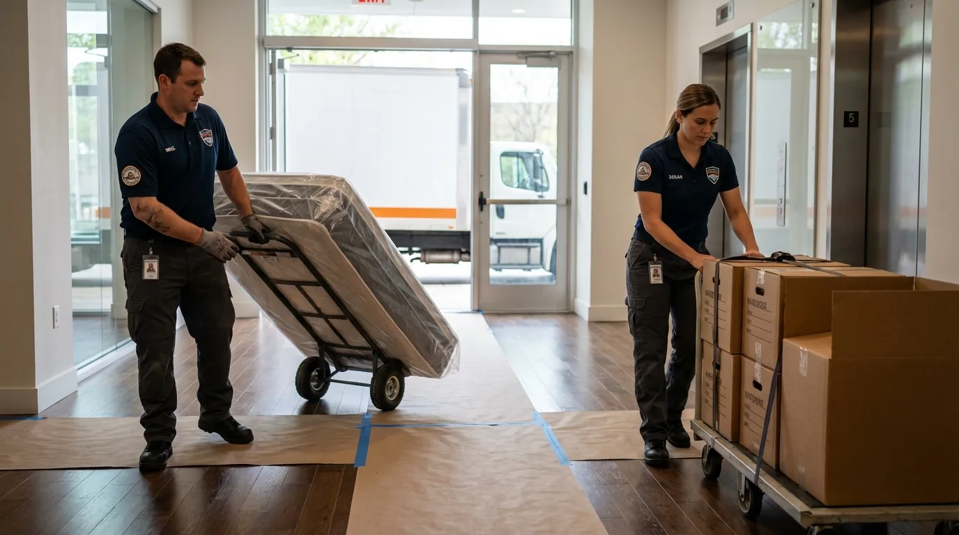 Professional apartment movers loading elevator in Collierville, TN